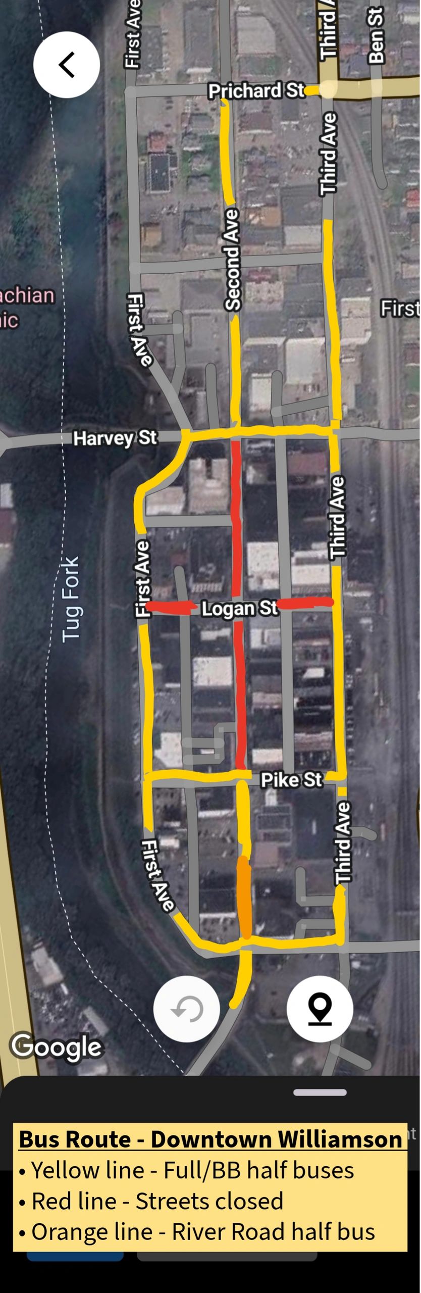 Map showing bus routes and street closures in Downtown Williamson.