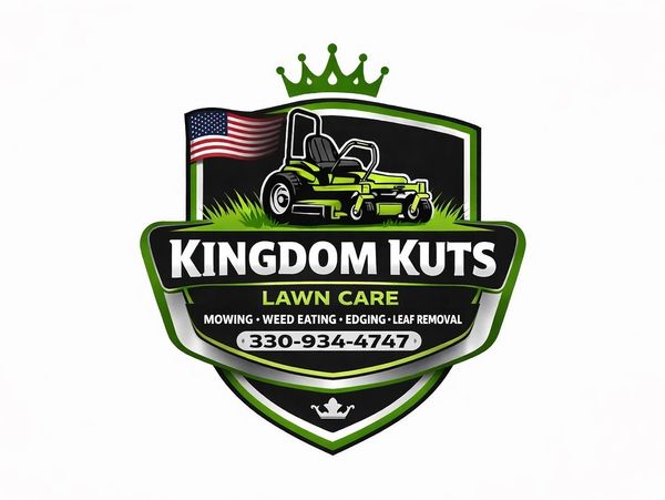 Kingdom Kuts lawn care logo with a mower and American flag.