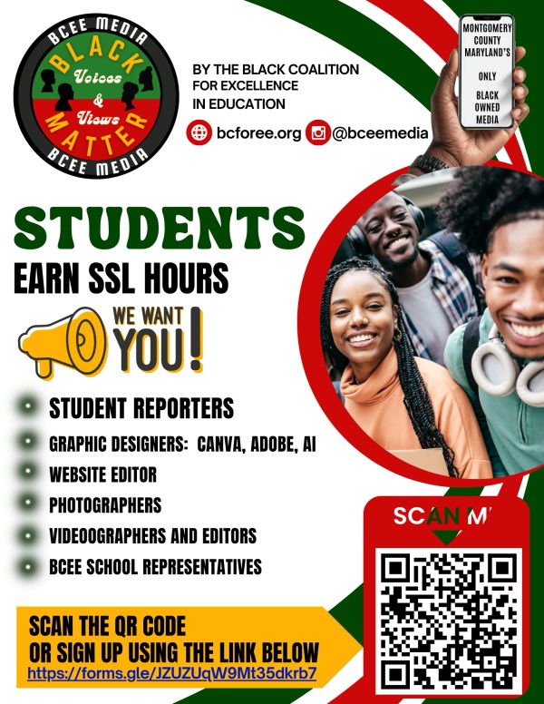 Flyer recruiting student reporters and creatives for BCee Media with QR code and link.