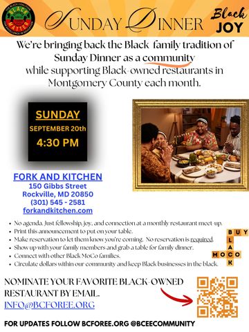 Flyer promoting Black family tradition Sunday Dinner supporting Black-owned restaurants in Montgomery County.