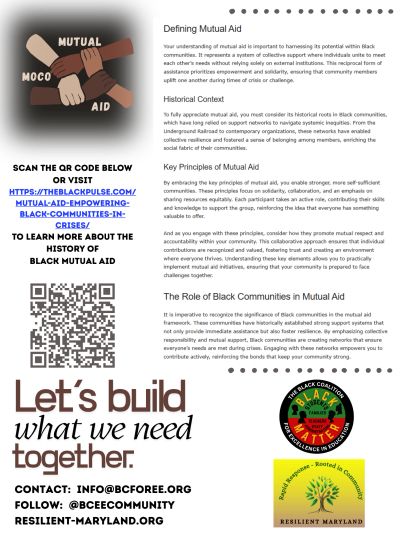 Informative flyer on Black Mutual Aid's history, principles, and community role.
