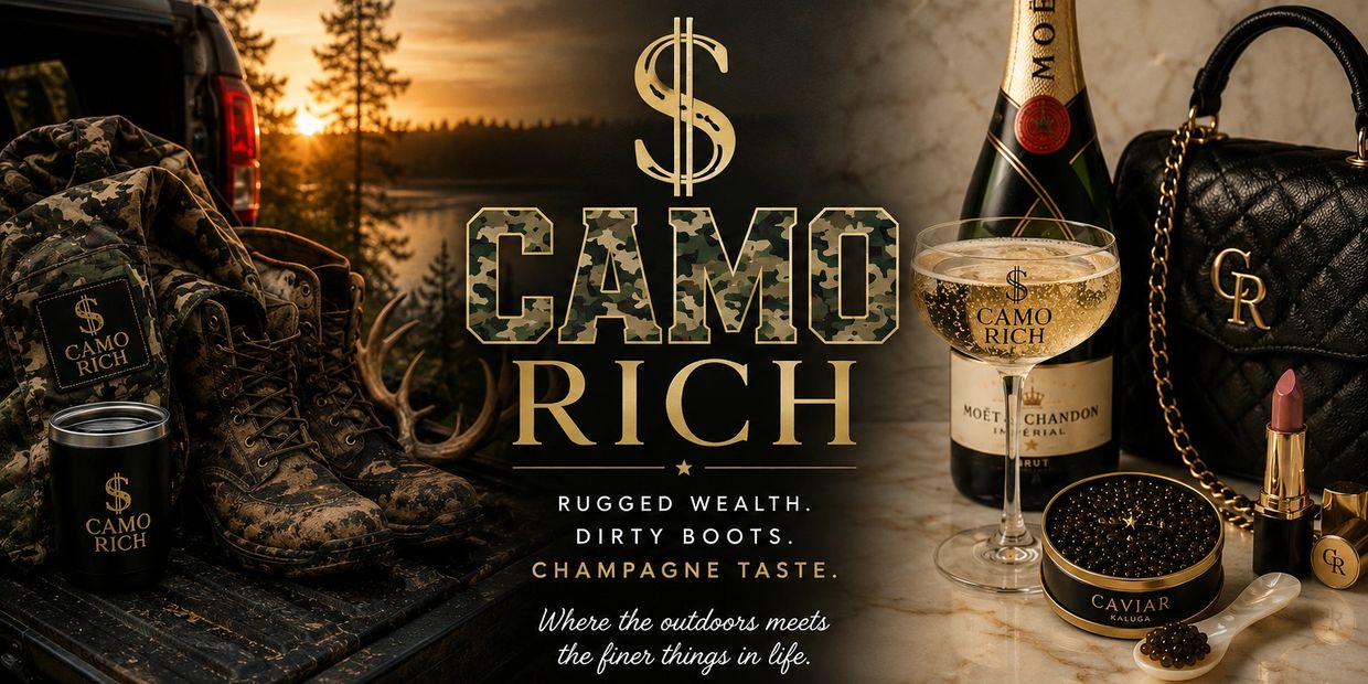 Camo Rich blends rugged outdoor gear with luxury items like champagne and caviar.