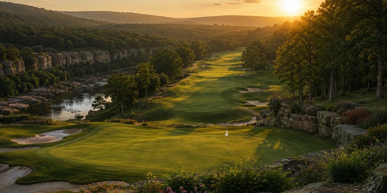 Golf course at sunset with lush greenery and rocky cliffs.