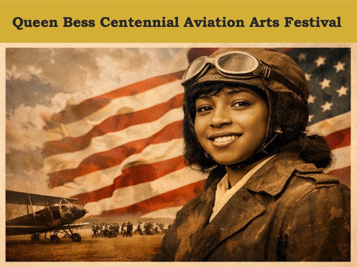 Vintage-style poster of Queen Bess Aviation Arts Festival with smiling aviator and American flag.