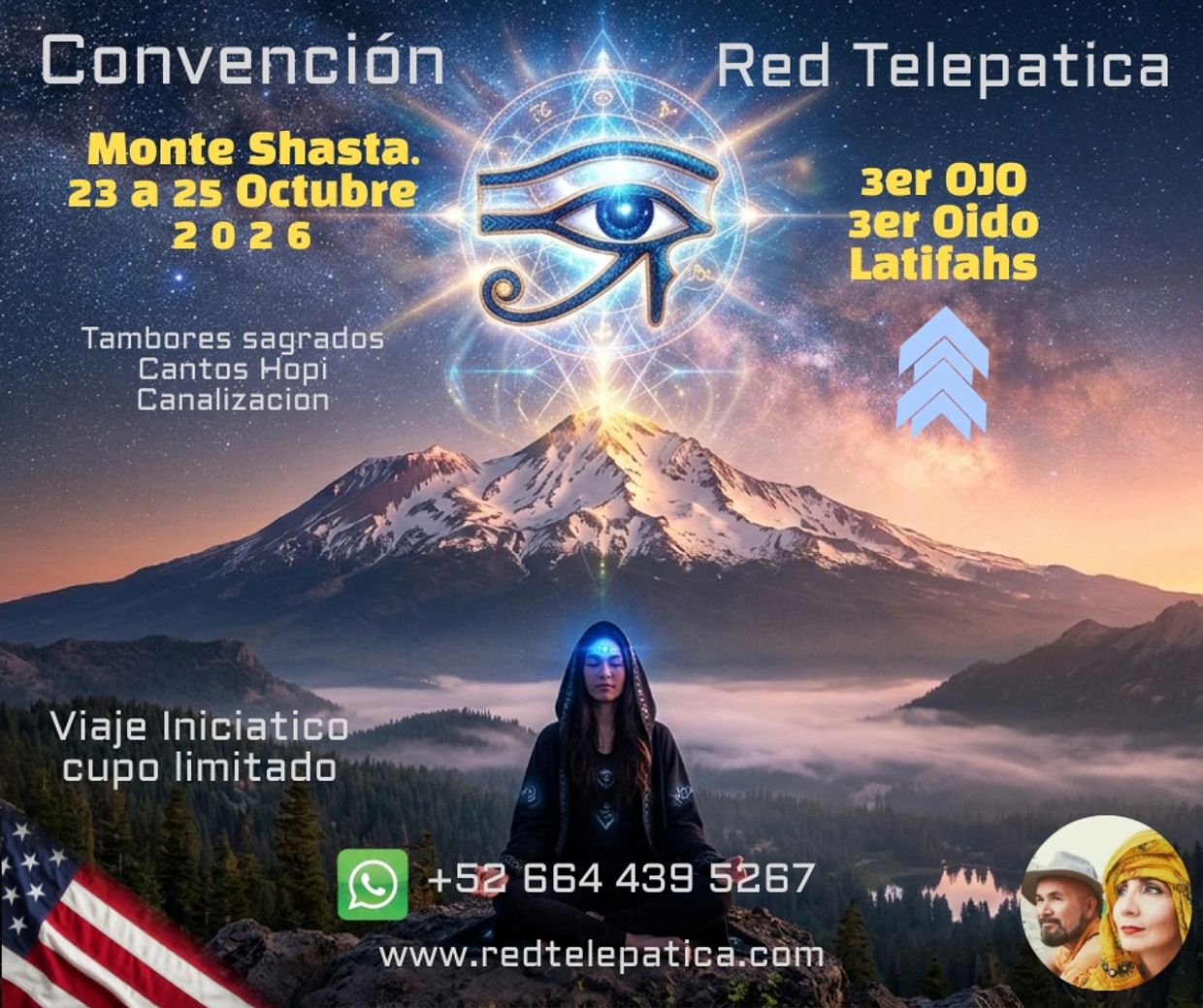 Convención Red Telepática en Monte Shasta, octubre 2026, con tambores sagrados y canalización.