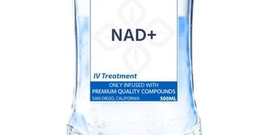 IV bag labeled NAD+ for premium quality compound infusion.
