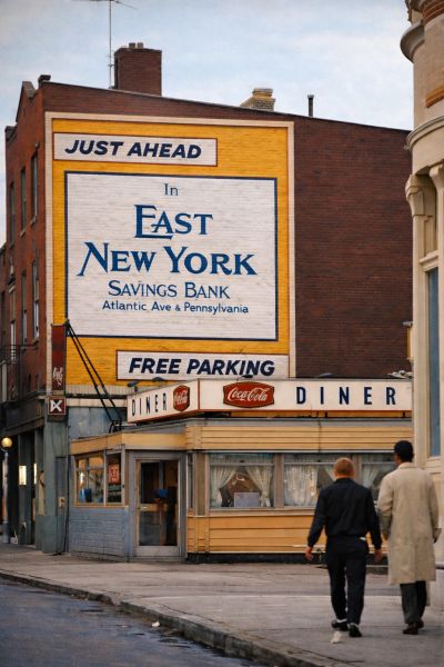 Two people walk past a diner with a bank advertisement on the wall.
