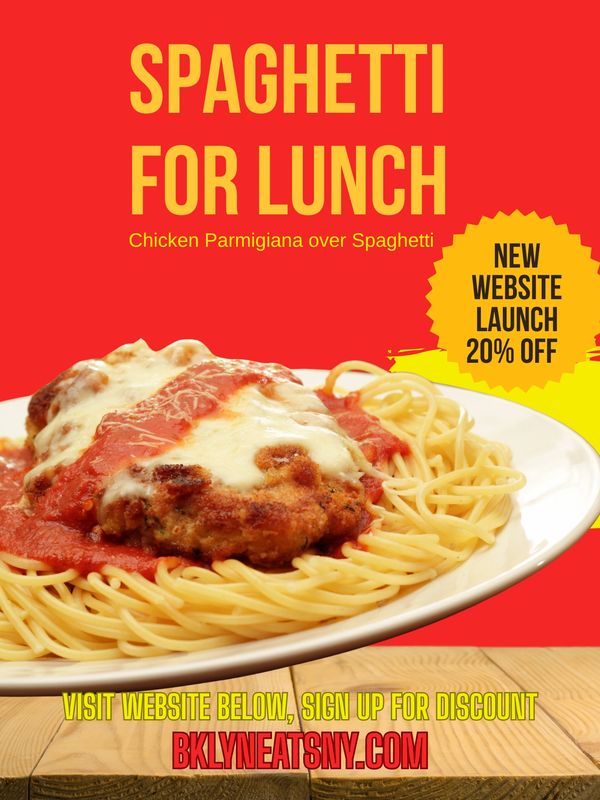 Chicken Parmigiana over spaghetti lunch special  with new website launch discount.