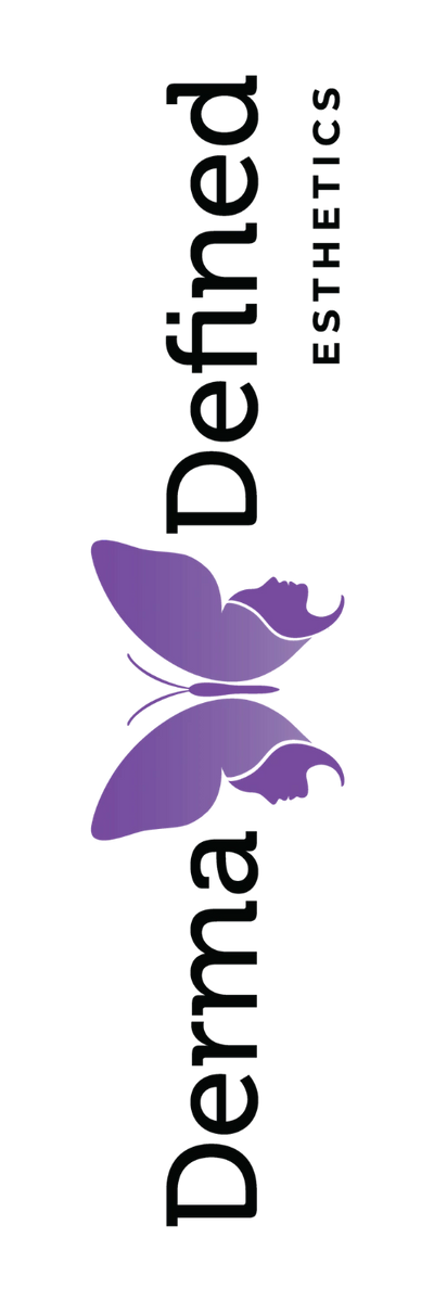 Vertical Derma Defined Esthetics logo featuring a purple butterfly with mirrored female profiles.
