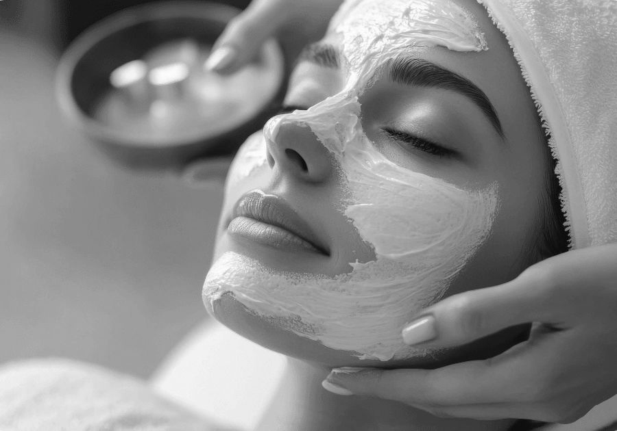 Black and white image of an esthetician applying a facial mask during a spa treatment.
