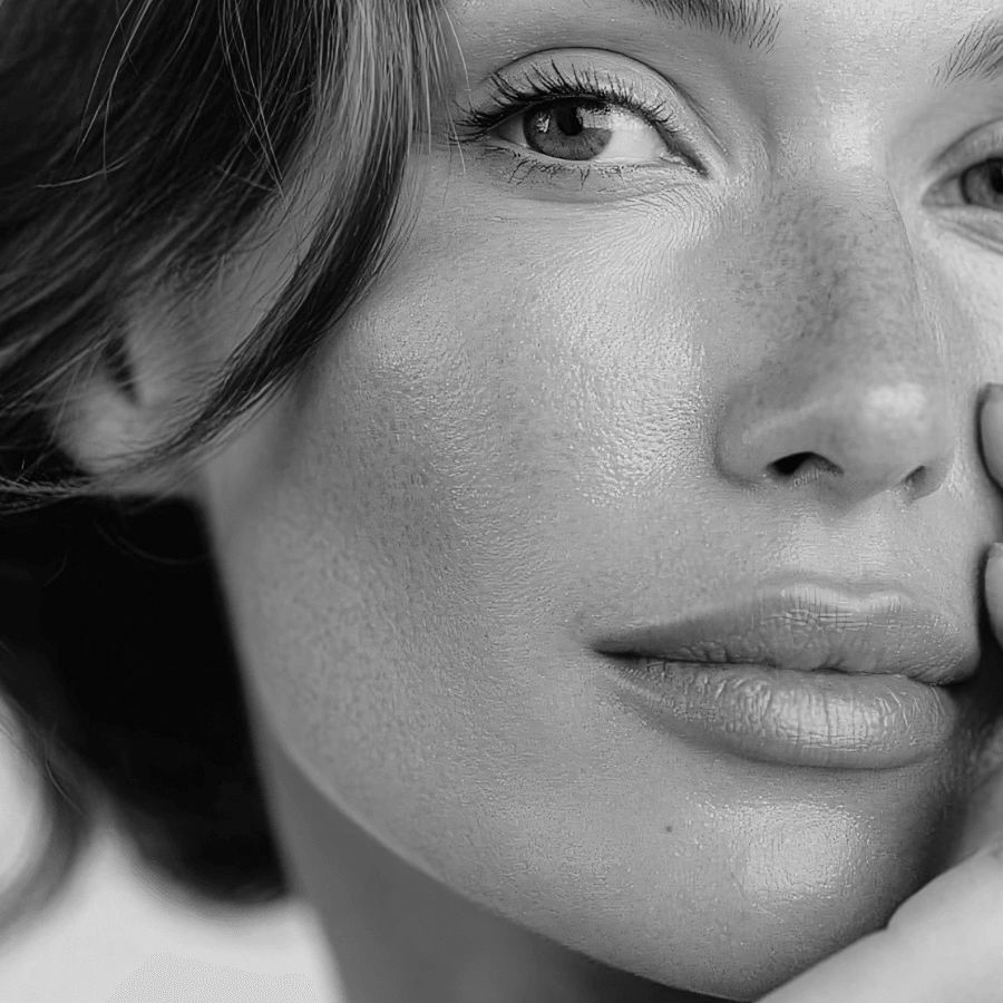 Black and white close-up portrait highlighting natural skin texture and facial detail.