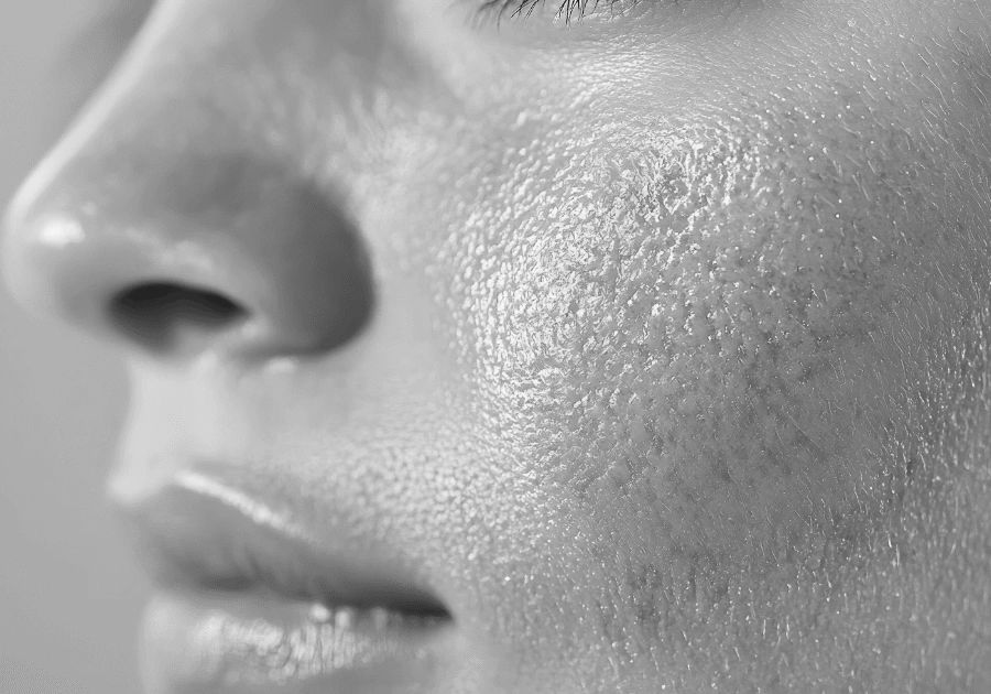 Black and white close-up of facial skin showing redness associated with rosacea.