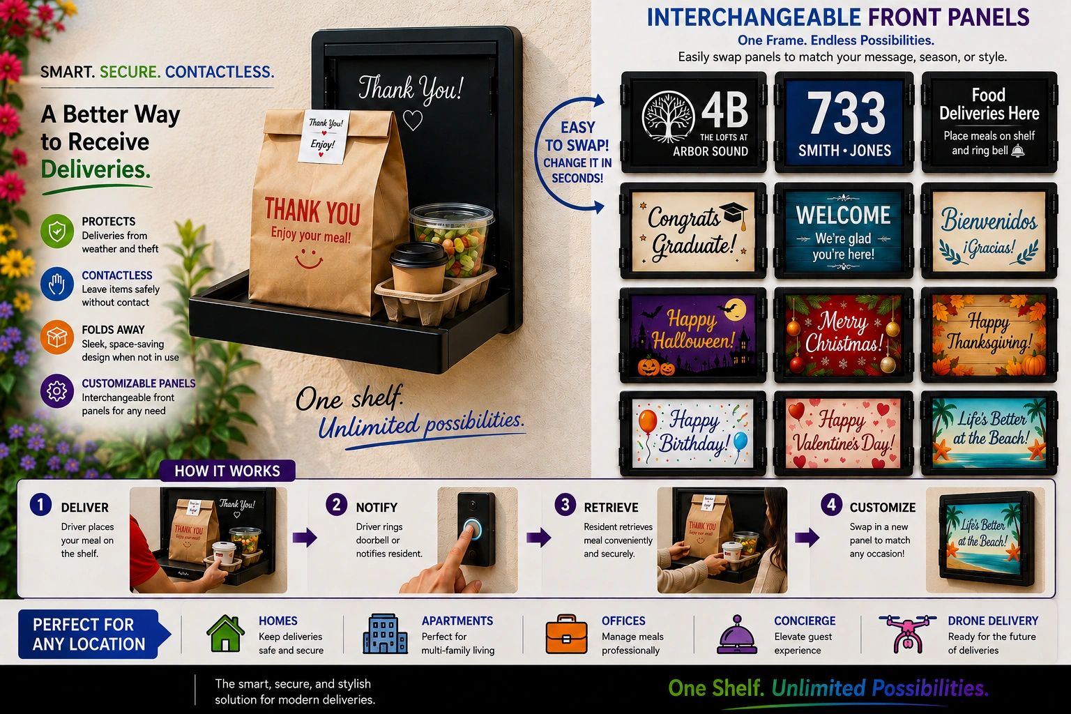 Secure, contactless delivery shelf with customizable front panels for various occasions.