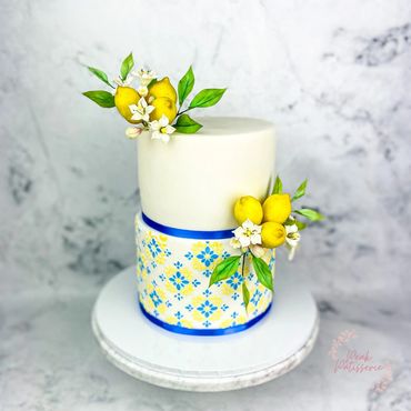 Italian inspired 2 tier cake with mosaic tile stencil and sugar lemons 