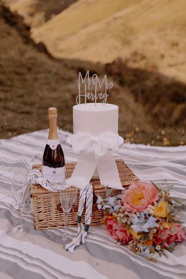 Single tier white wedding cake with white ribbon for an intimate picnic celebration.