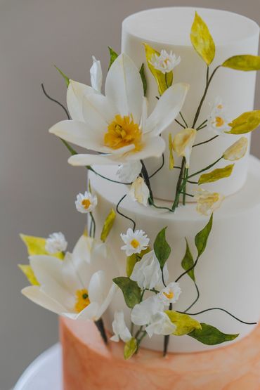 Close up of sugar magnolias, daisies and sweet peas