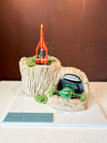 Thunderbirds themed Tracy Island celebration cake with thunderbirds 2&3