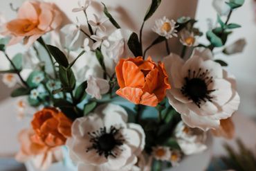 Close up of sugar tulips, anemones, daises and sweet peas