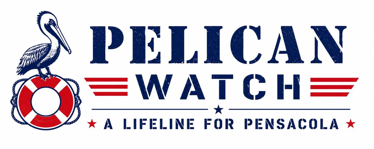 Logo for Pelican Watch, a lifeline for Pensacola, featuring a pelican and lifebuoy.