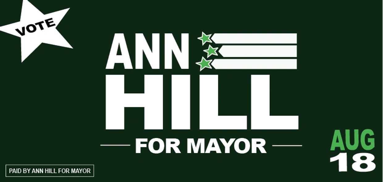 Ann Hill for Mayor logo and Voting poll locations in Escambia County with Candidates for Mayor