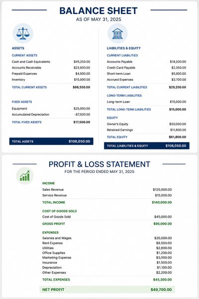 Balance sheet, profit and loss  for bookkeeping services, business accounting, tax preparation