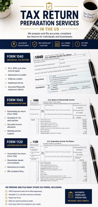 Tax return preparation services  Form 1040, 1065, 1120 for individuals, LLCs, and corporations 