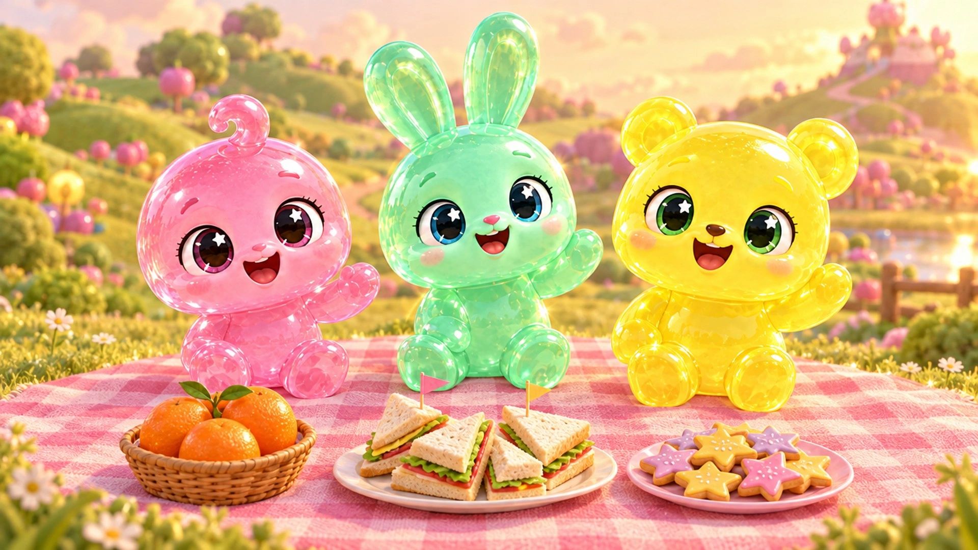 Pinky the pink jelly baby, Minty the mint bunny and Lemmy the yellow bear waving at a picnic on Wobb