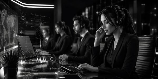 Customer service team working late in a modern office.