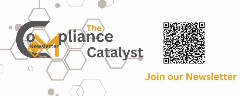 Newsletter banner for 'The Compliance Catalyst' with a QR code to join.