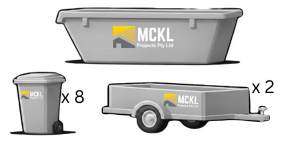 Three types of MCKL Projects bins and trailers with quantities.