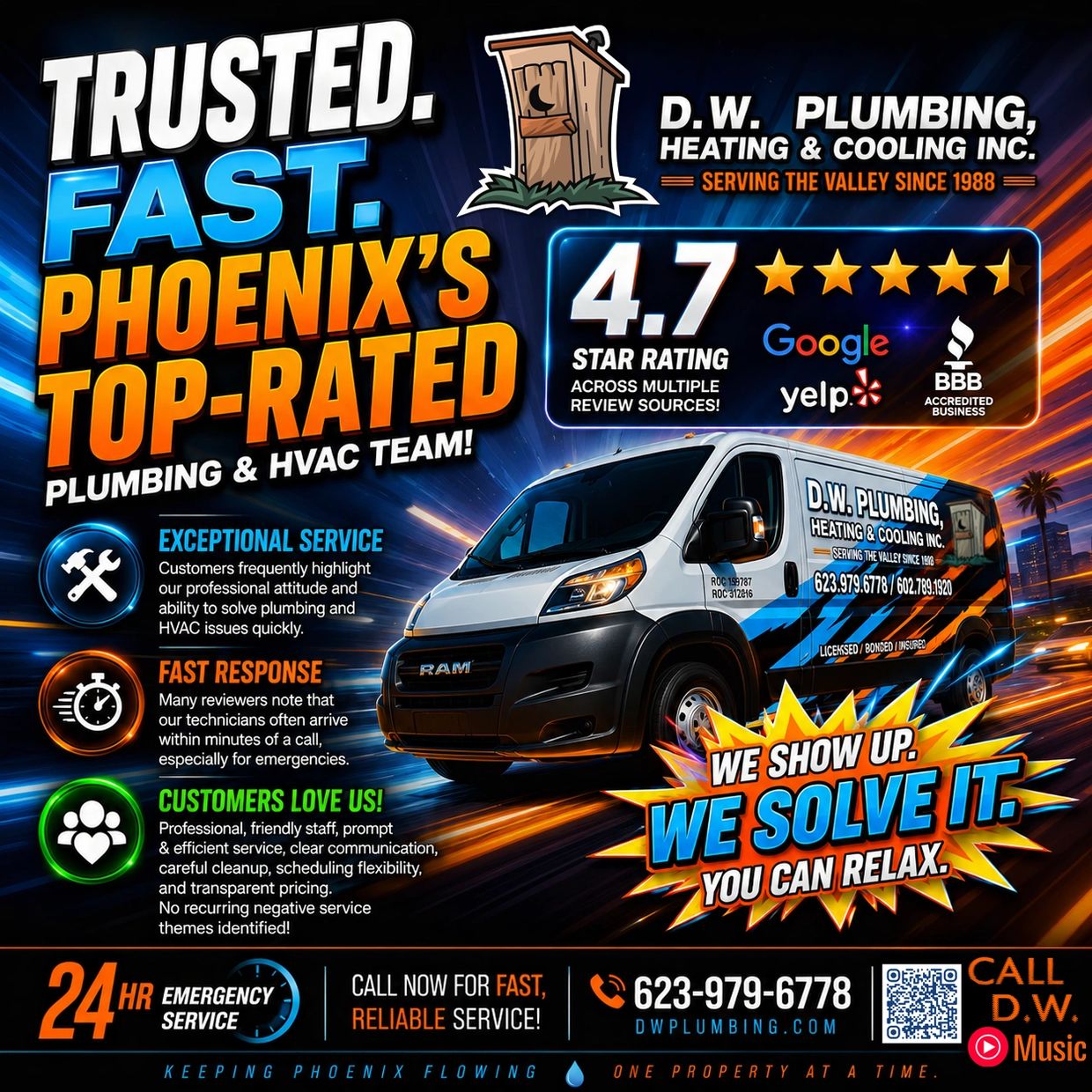 Advertisement for D.W. Plumbing, Heating &, Cooling with fast, trusted service in Phoenix.