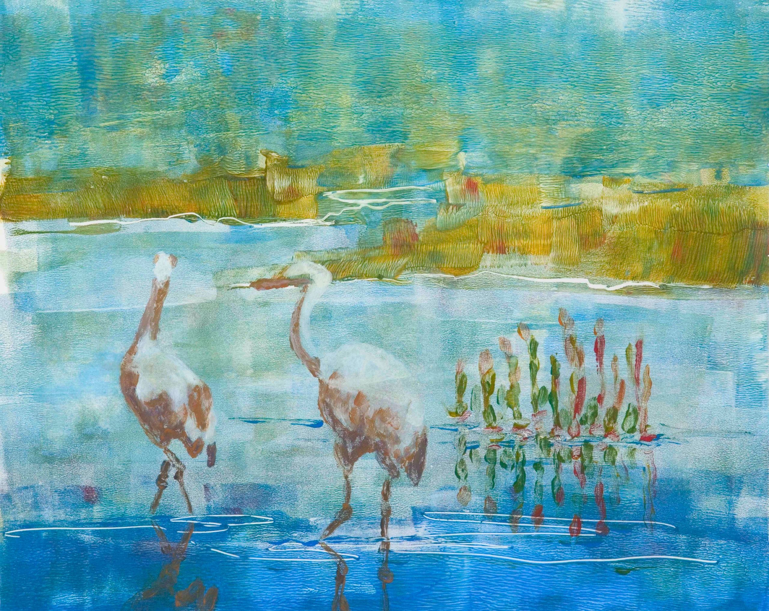 cranes wading in water. Monotype