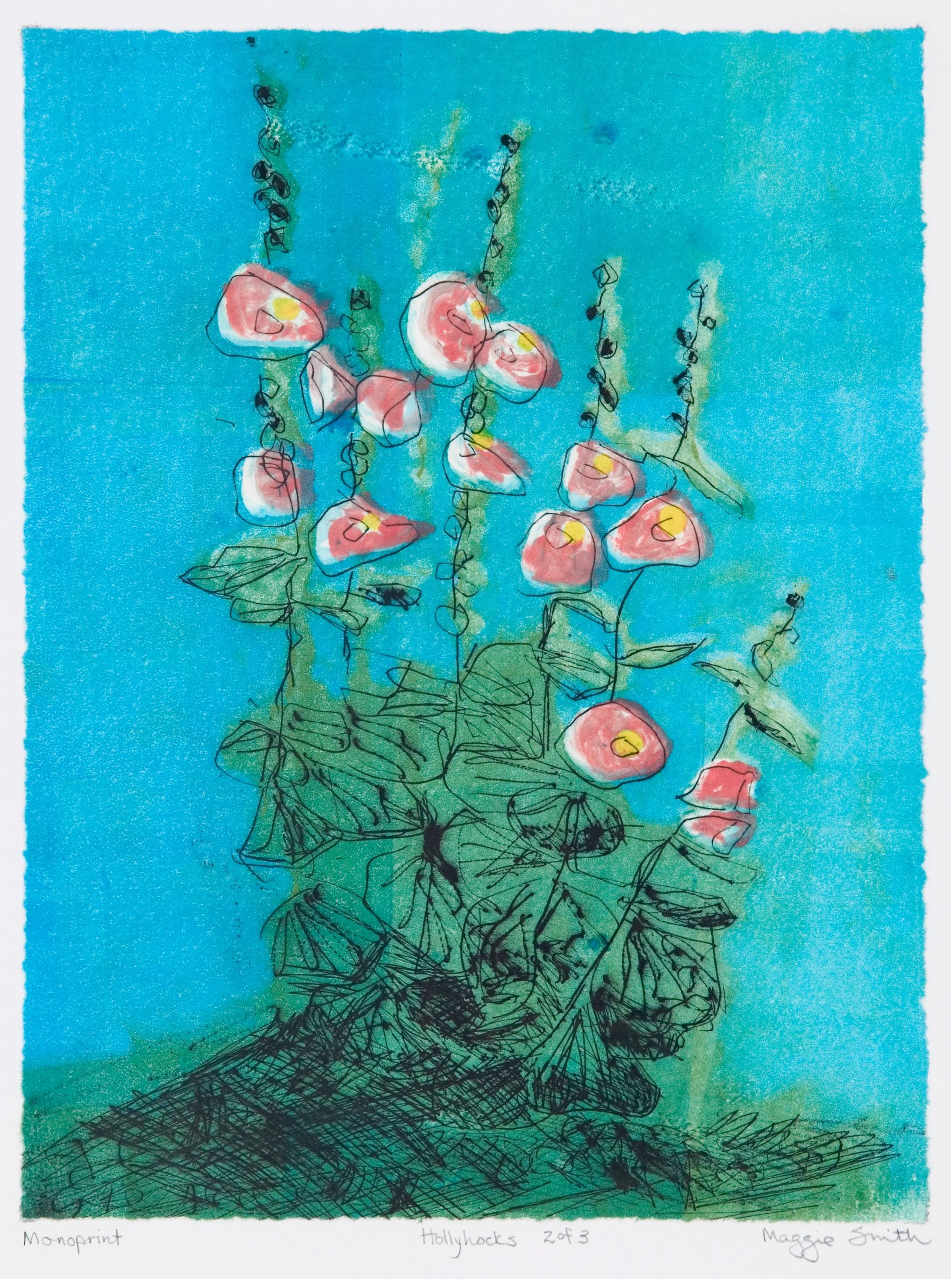 Hollyhocks. Drypoint.