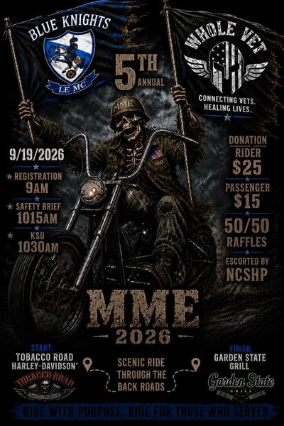 Motorcycle event poster with skeleton rider promoting veteran support and scenic ride.