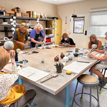 Group participating in pottery painting class.