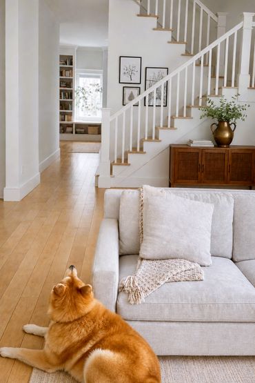 Cozy living room with a dog resting near a light gray couch and wooden staircase.