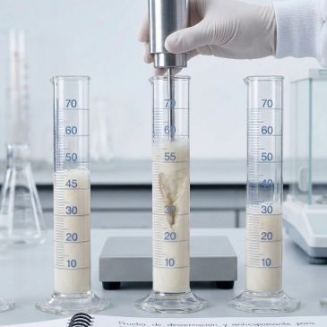 Lab technician measuring liquid in graduated cylinders in a laboratory.