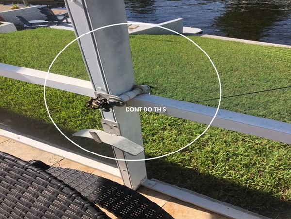 Improper screen door latch installation with warning text.