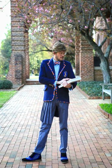 Shiz University uniform from Wicked. Outdoor cosplay photoshoot, hand crafted Standing in arch