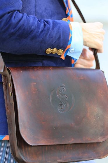 Shiz University uniform from Wicked. Outdoor cosplay photoshoot, hand crafted. Leather bag detail