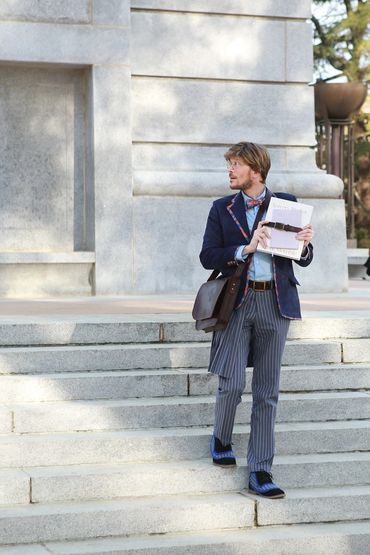 Shiz University uniform from Wicked. Outdoor cosplay photoshoot, hand crafted. Walking down steps