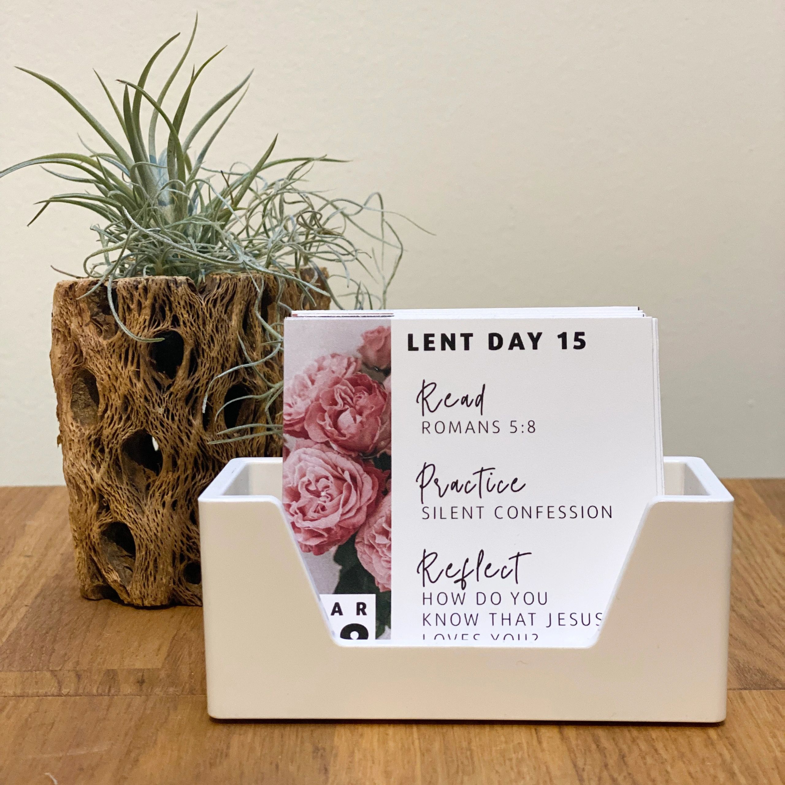 Lent Day 15 devotional card with a plant in a wooden holder.