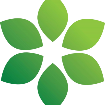 A green six-petal leaf flower logo with gradient colors.