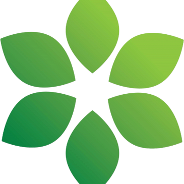 Green gradient leaf flower logo with six petals.