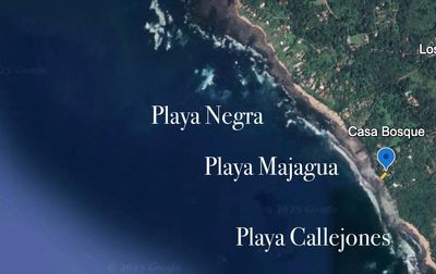 Google Earth map of the local surf breaks of Playa Negra, Playa Majagua, and Playa Callejones