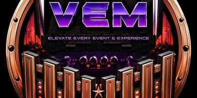 VEM event logo with cityscape and star design.