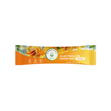 Orange flavor electrolyte drink mix packet.