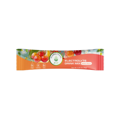 Electrolyte drink mix packet in a colorful wrapper.
