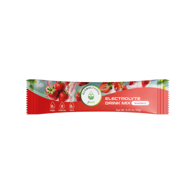Strawberry flavored electrolyte drink mix packet.