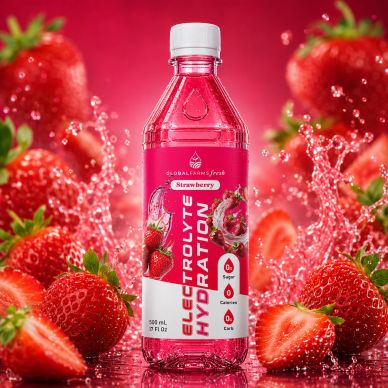Strawberry flavored electrolyte hydration drink bottle.